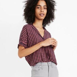 MADEWELL Courier Button-Back Oversized Shirt in Textured Gingham Check Sz XXS